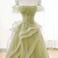 Robe de bal longue en dentelle et tulle, ligne a, épaules dénudées, verte, B209