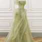 Robe de bal longue en dentelle et tulle, ligne a, épaules dénudées, verte, B209