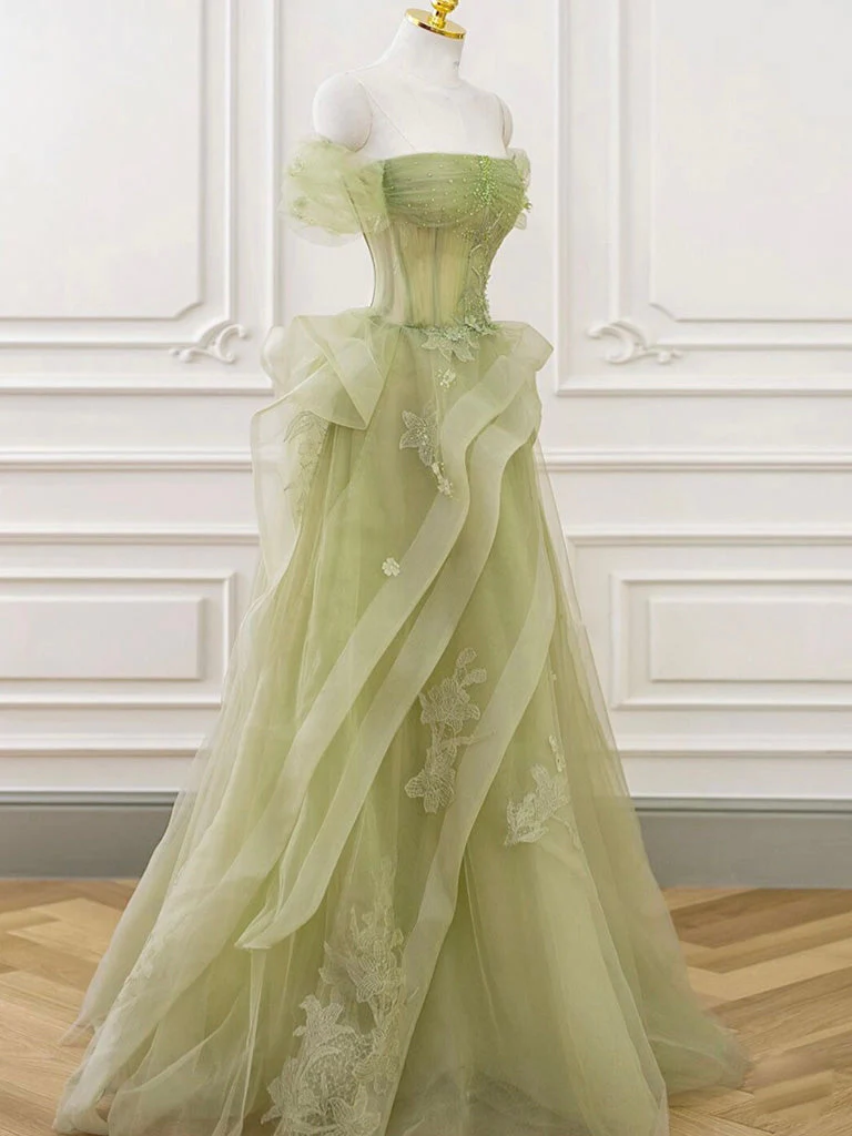 Robe de bal longue en dentelle et tulle, ligne a, épaules dénudées, verte, B209