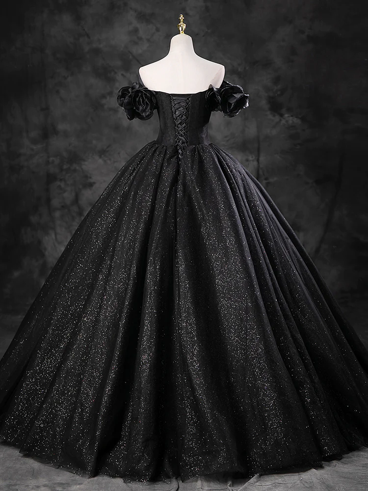 Robe de bal à épaules dénudées en tulle noir longue robe douce 16 B211