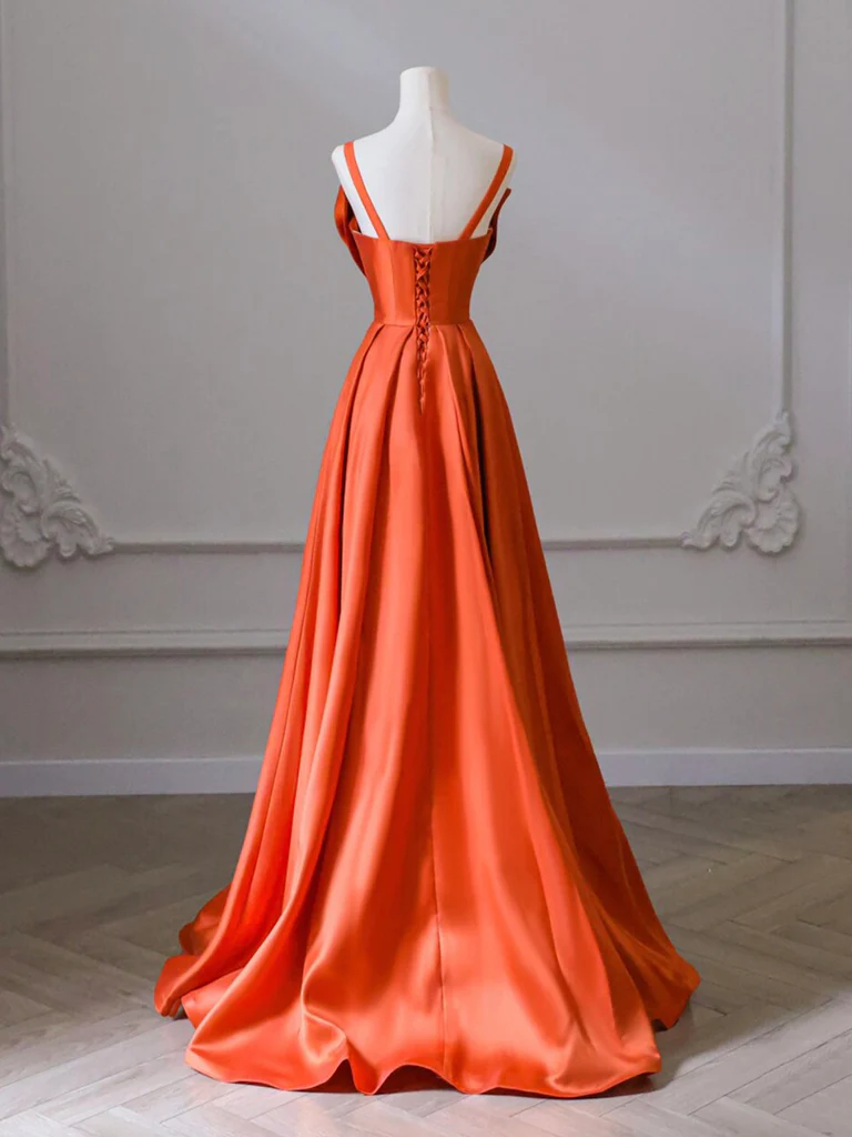 Robe de bal longue en satin orange trapèze B214