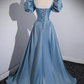 Robe de bal longue en satin bleu trapèze simple B215