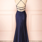 Sexy sirène bretelles fente bleu marine longue robe de bal B254