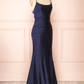 Sexy Mermaid Straps Slit Navy Blue Long Prom Dress B254