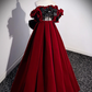 Robe de bal longue en dentelle et velours, ligne a, épaules dénudées, bordeaux, B231