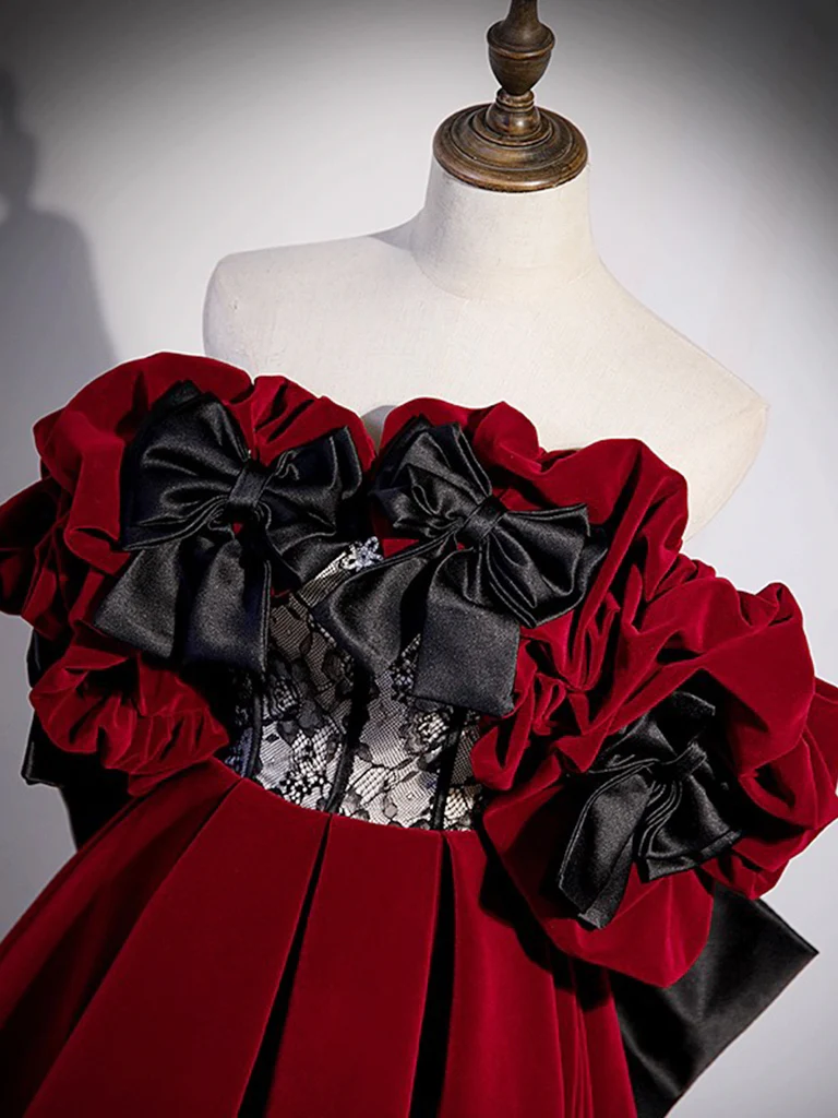 Robe de bal longue en dentelle et velours, ligne a, épaules dénudées, bordeaux, B231