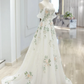 A-Line Off Shoulder Tulle Lace Applique White Long Prom Dress B232