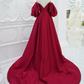 A-Line Puff Sleeves Satin Dark Red Long Prom Dress B233