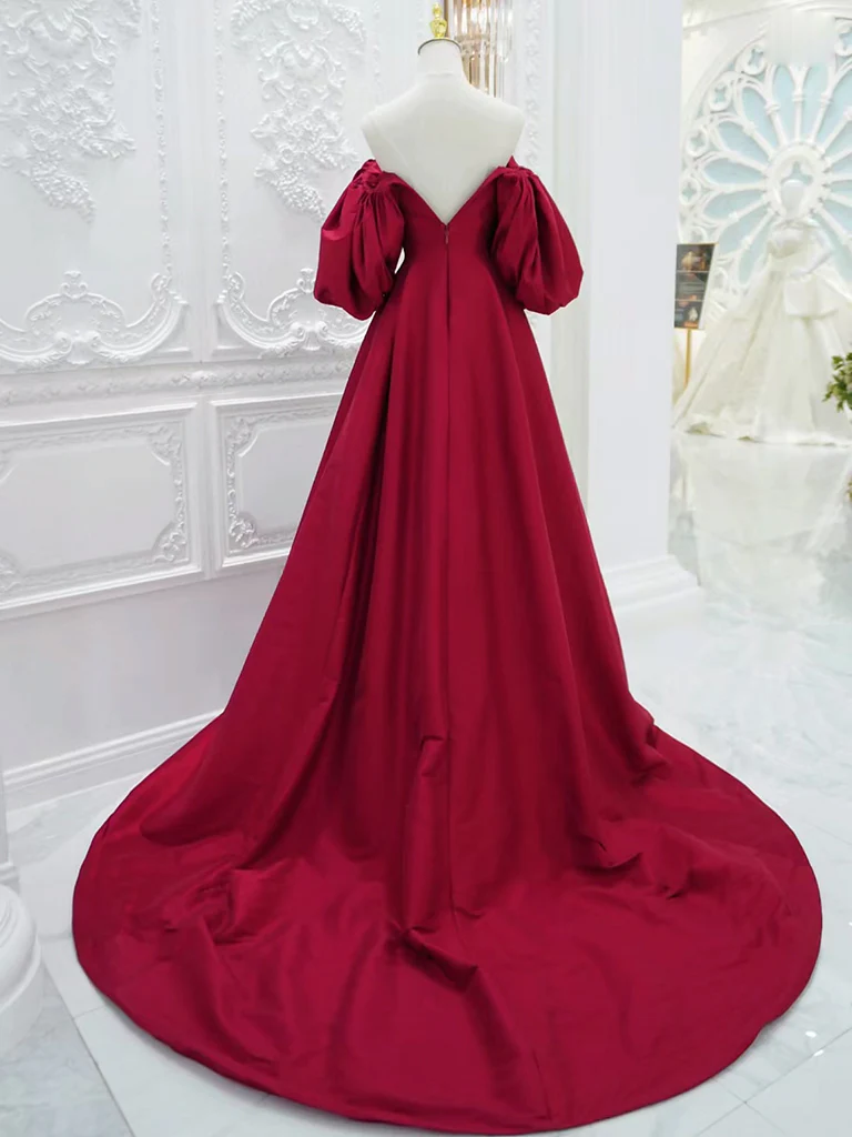 A-Line Puff Sleeves Satin Dark Red Long Prom Dress B233