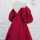 A-Line Puff Sleeves Satin Dark Red Long Prom Dress B233