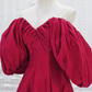 A-Line Puff Sleeves Satin Dark Red Long Prom Dress B233