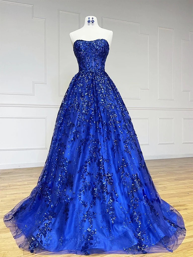 A-Line Sweetheart Neck Tulle Sequin Blue Long Prom Dress B234