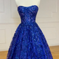 A-Line Sweetheart Neck Tulle Sequin Blue Long Prom Dress B234