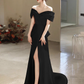 Simple Off Shoulder Satin Mermaid Black Long Prom Dress B235