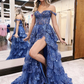 Simple Blue Off Shoulder Tulle Sequin Long Prom Dress B236