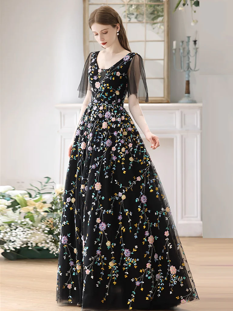 Black A-Line Tulle Lace Long Prom Dress B237