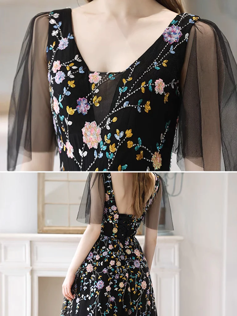 Robe de bal longue en dentelle et tulle trapèze noire B237