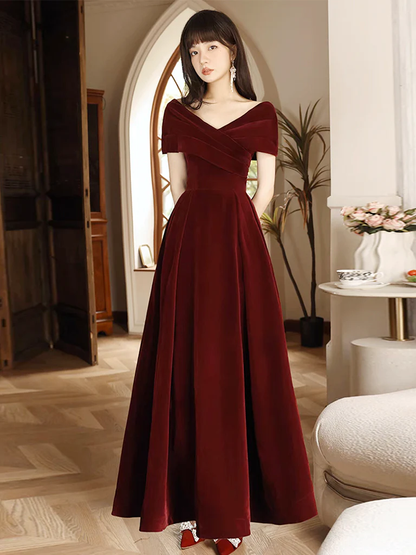 Simple V Neck Velvet Burgundy Long Prom Dress B239
