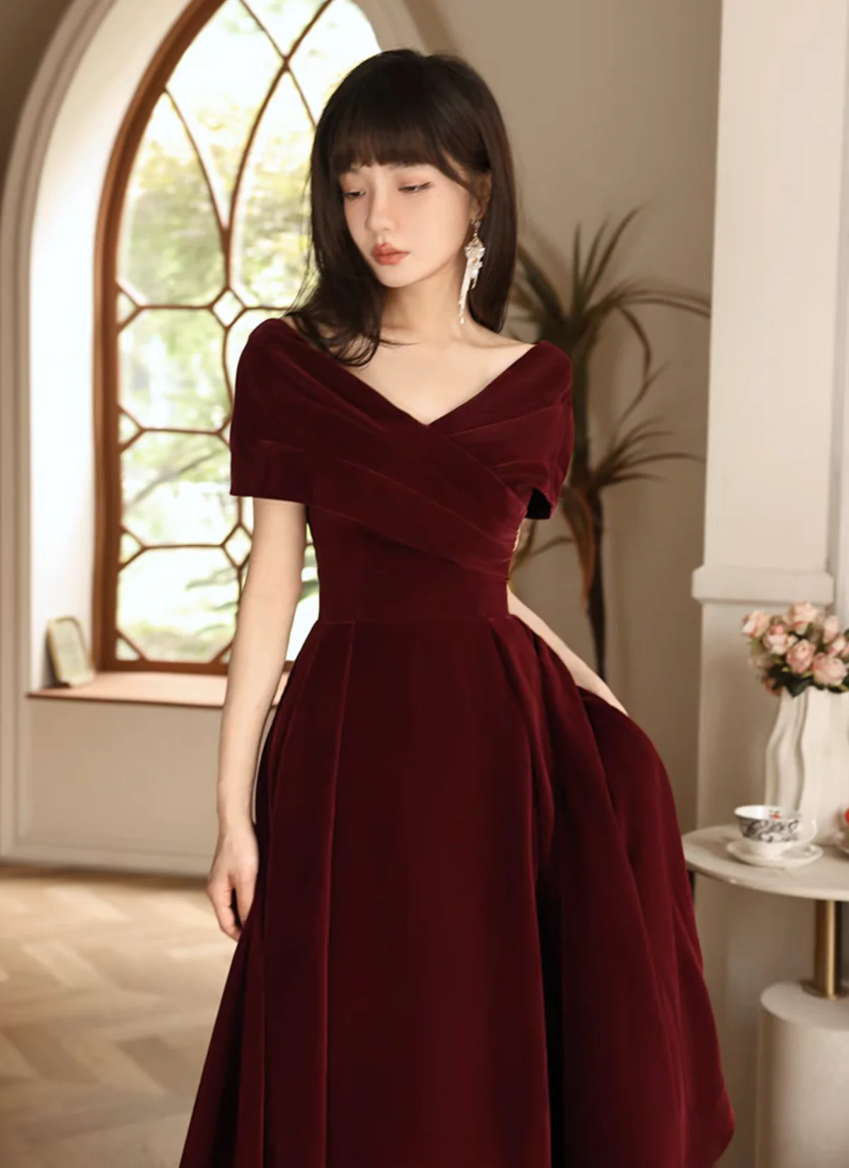 Simple V Neck Velvet Burgundy Long Prom Dress B239