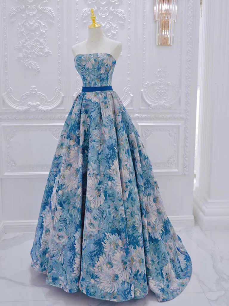 A-Line Flower Satin Blue Long Prom Dress B241