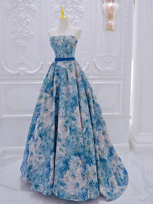 Robe de bal longue en satin bleu à fleurs trapèze B241