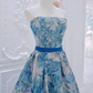 A-Line Flower Satin Blue Long Prom Dress B241