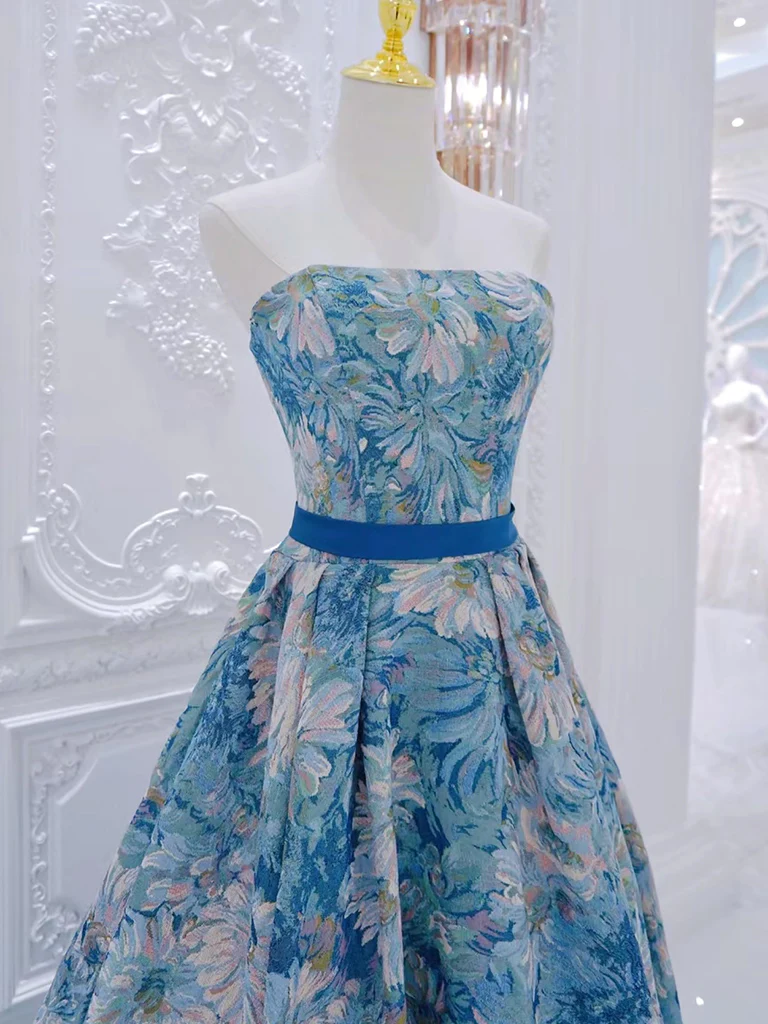 A-Line Flower Satin Blue Long Prom Dress B241