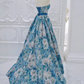 A-Line Flower Satin Blue Long Prom Dress B241