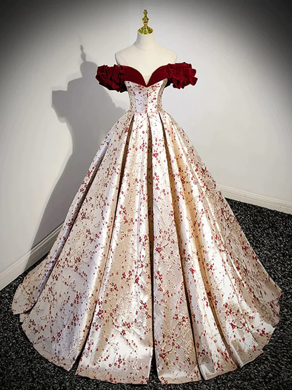 Robe de bal longue en satin champagne avec épaules dénudées et ligne a B242