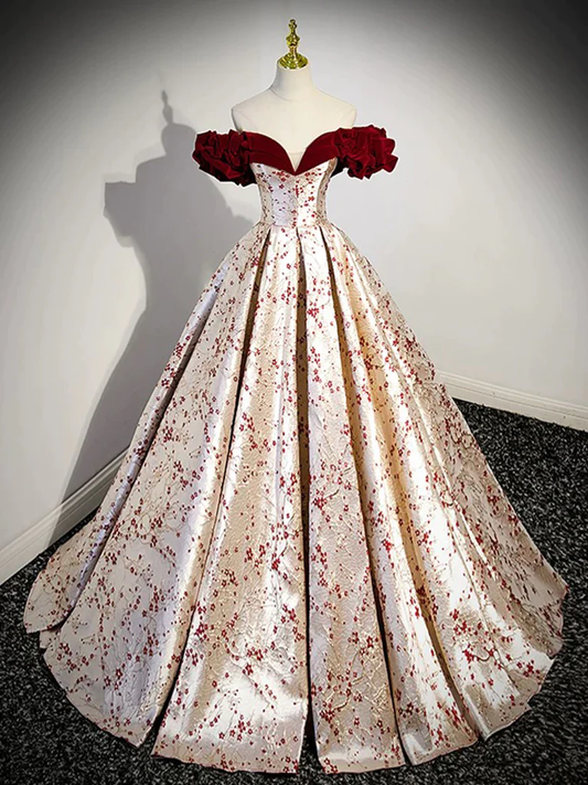Robe de bal longue en satin champagne avec épaules dénudées et ligne a B242