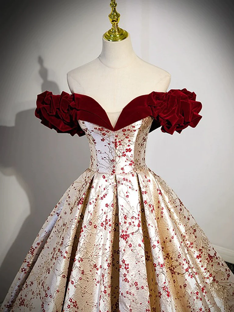 Robe de bal longue en satin champagne avec épaules dénudées et ligne a B242