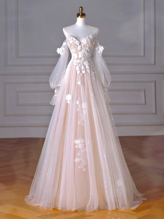 A-Line Long Sleeves Tulle Lace Champagne Long Prom Dress B243