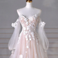 A-Line Long Sleeves Tulle Lace Champagne Long Prom Dress B243