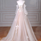 A-Line Long Sleeves Tulle Lace Champagne Long Prom Dress B243