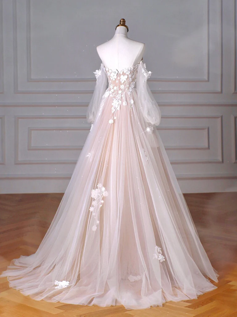 A-Line Long Sleeves Tulle Lace Champagne Long Prom Dress B243