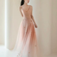 A-Line V Neck Tulle Pink Long Prom Dress B244
