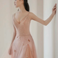 A-Line V Neck Tulle Pink Long Prom Dress B244