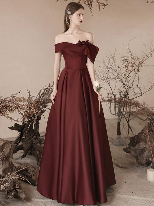 A-Line Off Shoulder Satin Burgundy Long Prom Dress B247