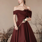 A-Line Off Shoulder Satin Burgundy Long Prom Dress B247