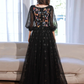 A-Line long sleeves Tulle Lace Black Long Prom Dress B249