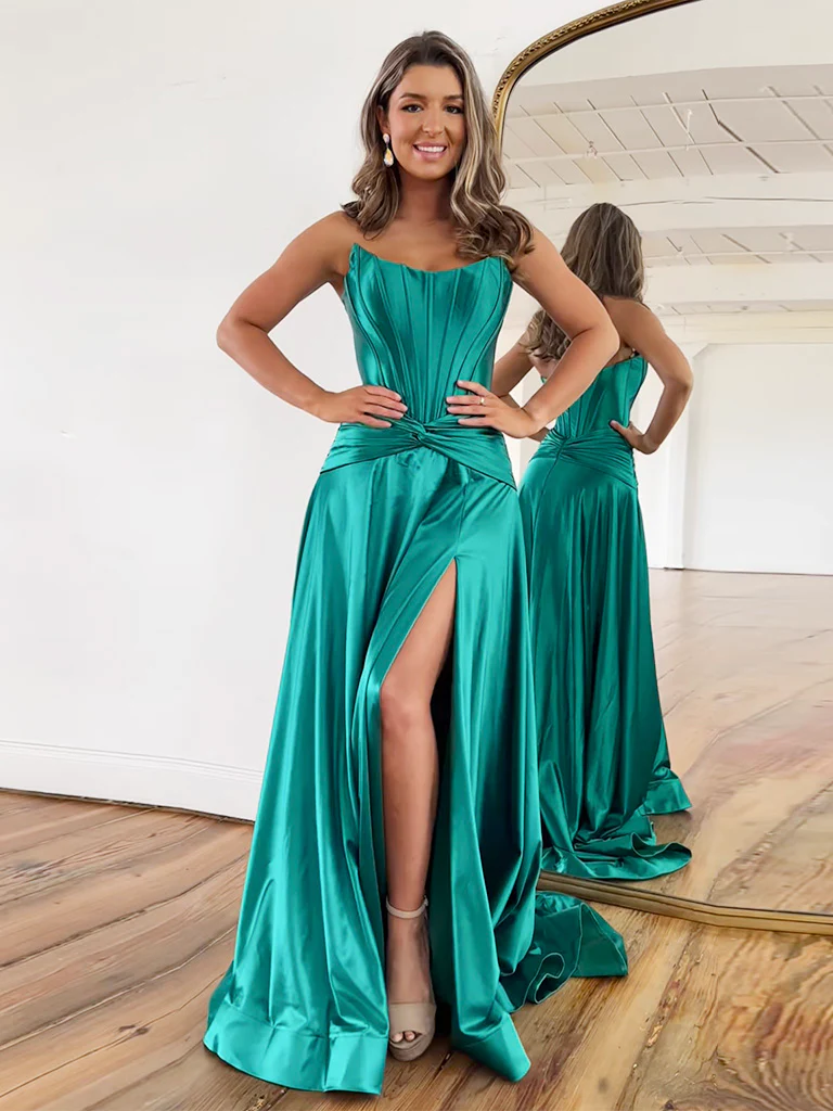 Simple A-Line Satin Green Long Prom Dress B250