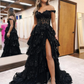 A-Line Sweetheart Neck Tulle Sequin Lace Black Long Prom Dress B251
