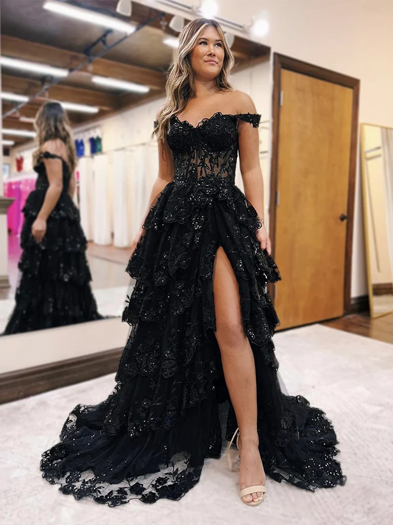 A-Line Sweetheart Neck Tulle Sequin Lace Black Long Prom Dress B251