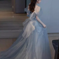 Sexy A line Straps Gray Tulle Long Prom Dress B417