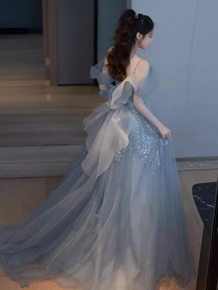 Sexy A line Straps Gray Tulle Long Prom Dress B417