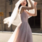 Robe de bal longue en tulle rose, sexy, bretelles trapèze, B416