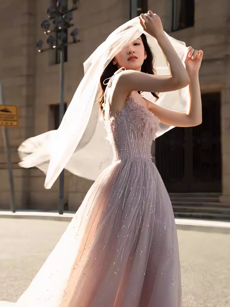 Robe de bal longue en tulle rose, sexy, bretelles trapèze, B416