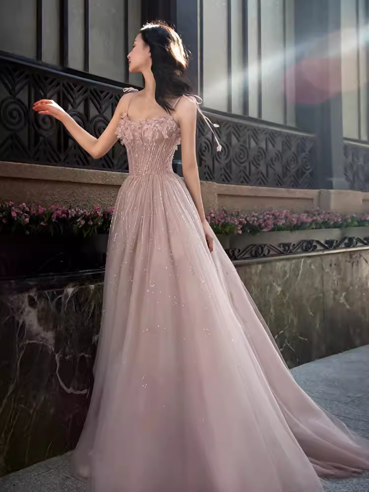 Robe de bal longue en tulle rose, sexy, bretelles trapèze, B416