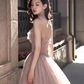Robe de bal longue en tulle rose, sexy, bretelles trapèze, B416