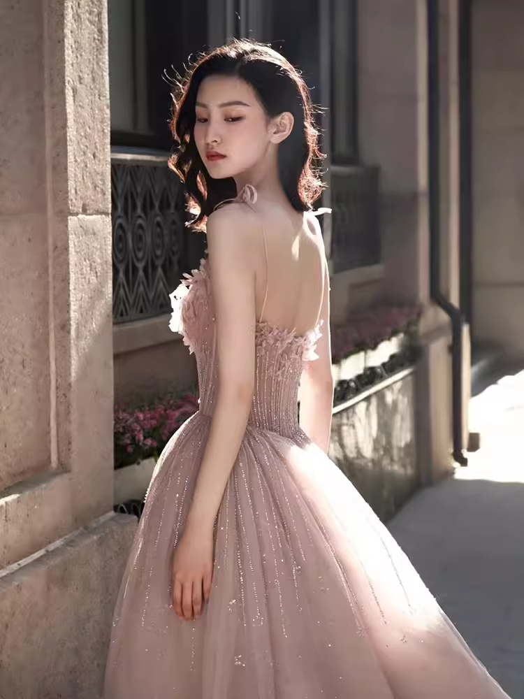 Robe de bal longue en tulle rose, sexy, bretelles trapèze, B416